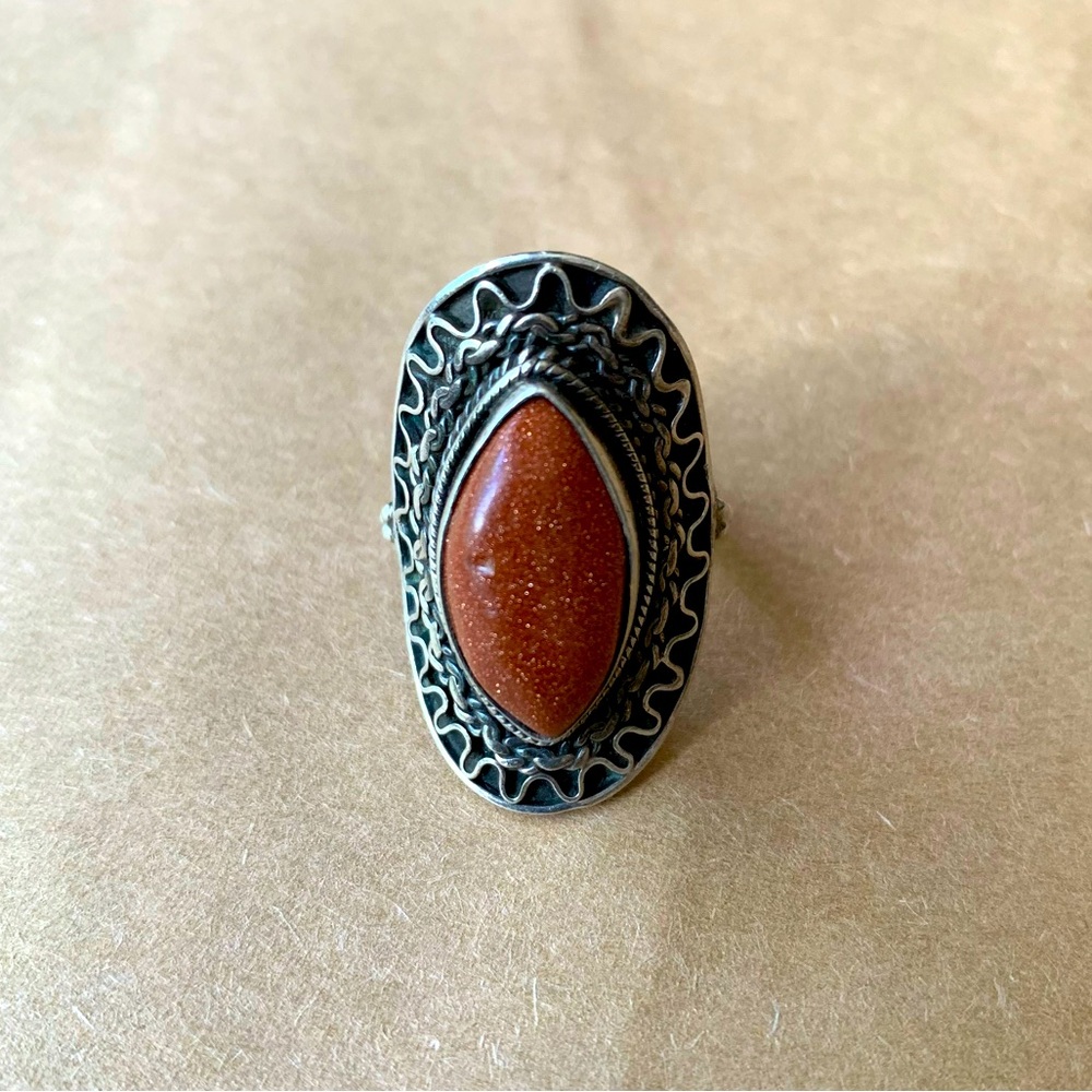 Women's Silver-Tone Ring with Goldstone Cabochon